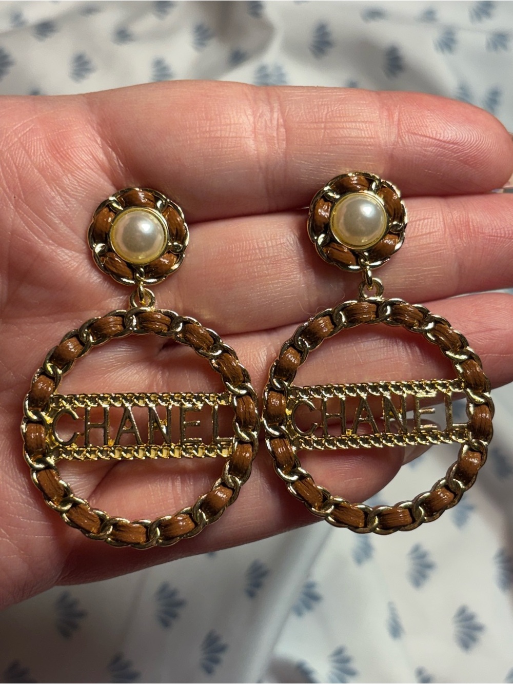 Brand New ! Gold and Brown Hoop Logo Drop Earrings with Pearl Studs